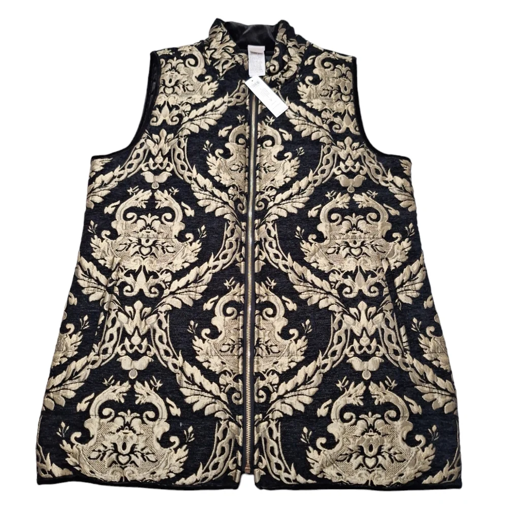 NWT Chico’s Size 2 Black Velvet to Gold Jacquard REVERSIBLE Quilted Vest( LG/12) - Picture 10 of 11